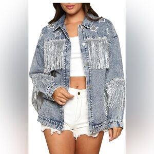 Women's Boyfriend Denim Jacket Long Sleeve Oversized Fringe